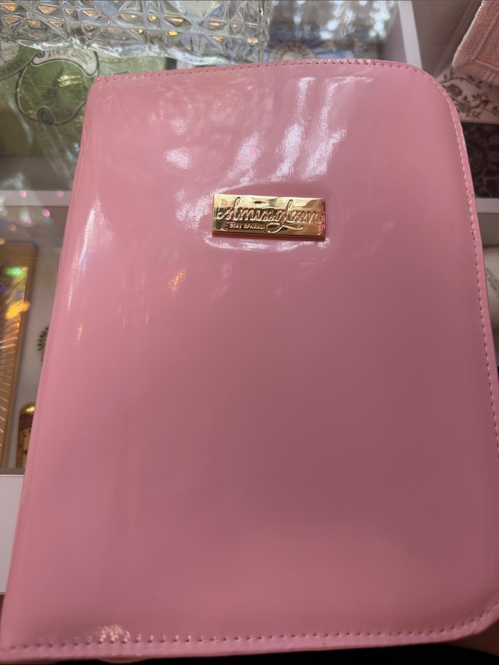 Pink Patent Makeup Brush Case with Gold Brand Plaque
